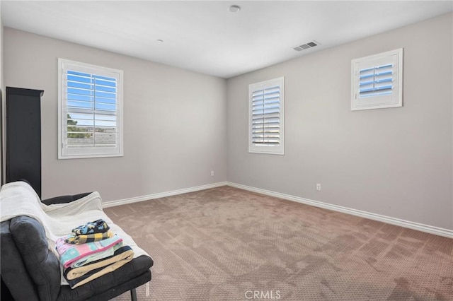 sitting room featuring light carpet