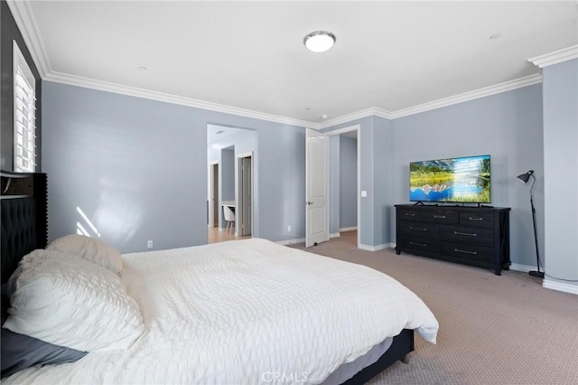 carpeted bedroom featuring crown molding