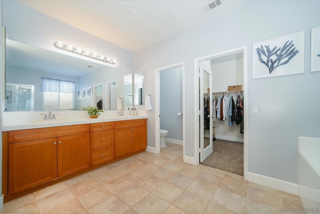 bathroom with vanity, toilet, and an enclosed shower