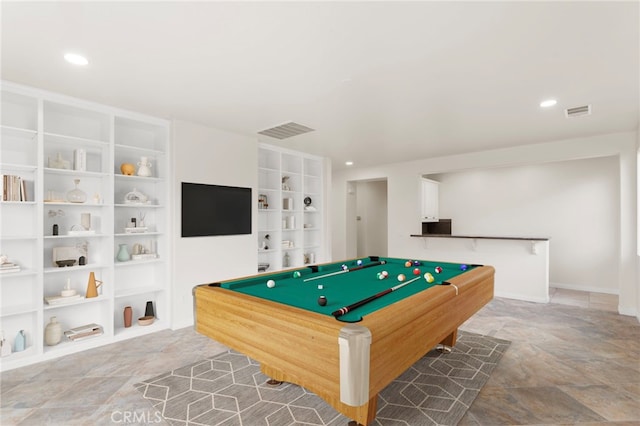 playroom featuring pool table and built in shelves