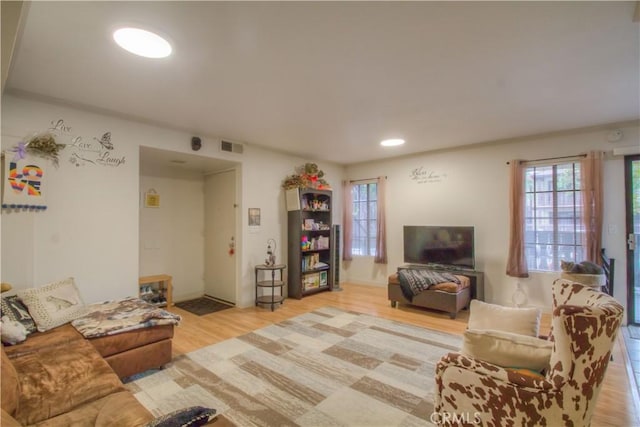 living room featuring light wood-type flooring and a wealth of natural light