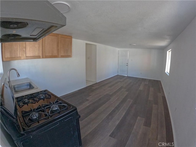 kitchen with premium range hood, black gas range oven, light brown cabinetry, sink, and dark wood-type flooring