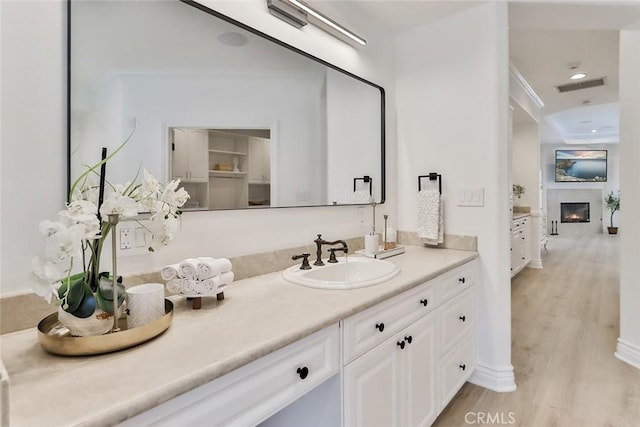 bathroom with vanity and hardwood / wood-style floors