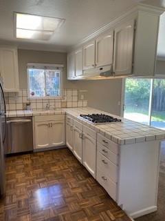 kitchen with white cabinetry, dark parquet flooring, tasteful backsplash, and appliances with stainless steel finishes