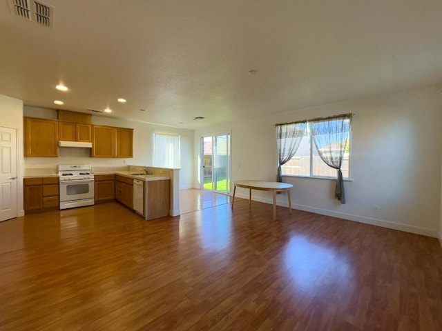 kitchen featuring dark hardwood / wood-style flooring, sink, and white appliances