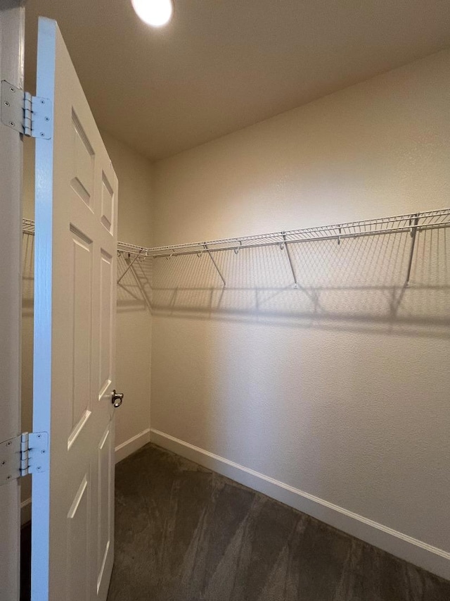 walk in closet featuring dark carpet