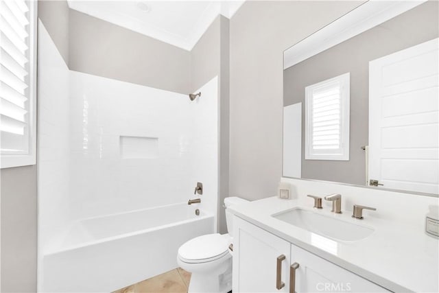 full bathroom with crown molding, washtub / shower combination, tile patterned flooring, vanity, and toilet