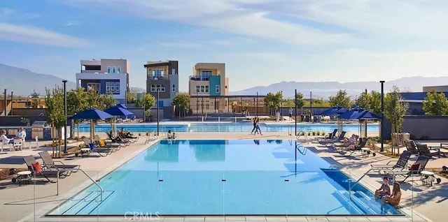 view of pool with a mountain view and a patio