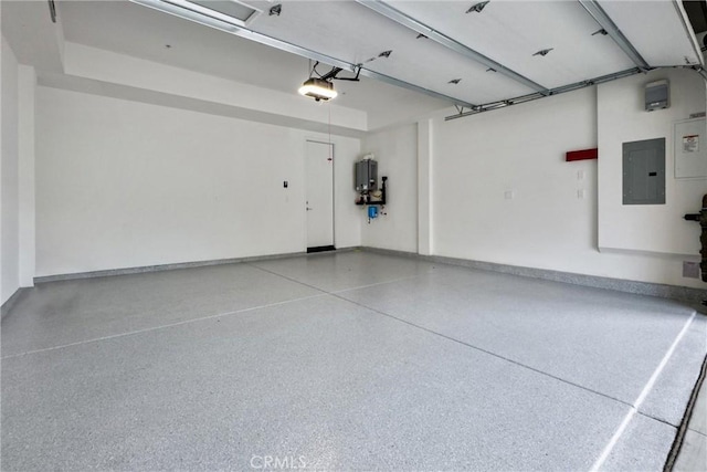 garage with water heater, electric panel, baseboards, and a garage door opener