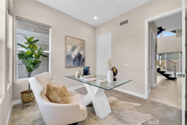 carpeted home office with recessed lighting, tile patterned floors, visible vents, and baseboards