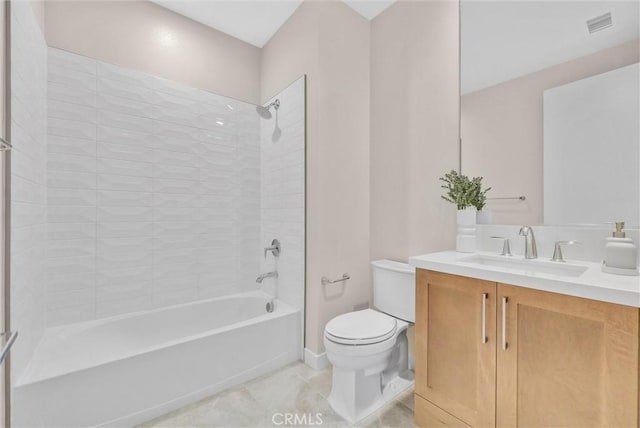 bathroom with visible vents, toilet, tile patterned flooring, tub / shower combination, and vanity