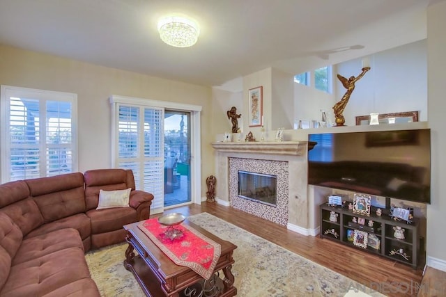 living room featuring hardwood / wood-style floors and a fireplace