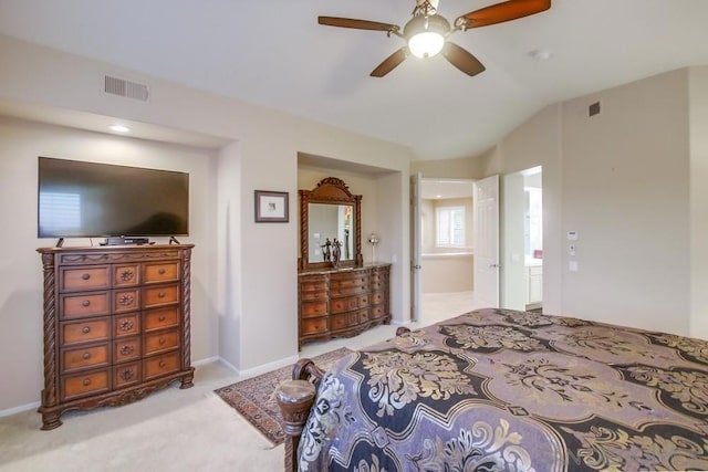 carpeted bedroom with lofted ceiling and ceiling fan