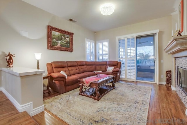 living room featuring a fireplace and light hardwood / wood-style flooring