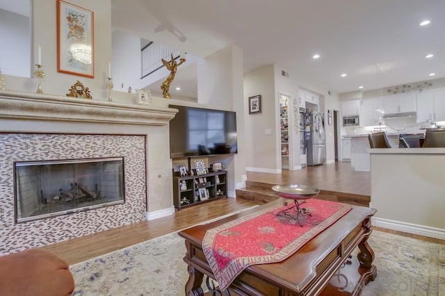 living room with wood-type flooring and a fireplace