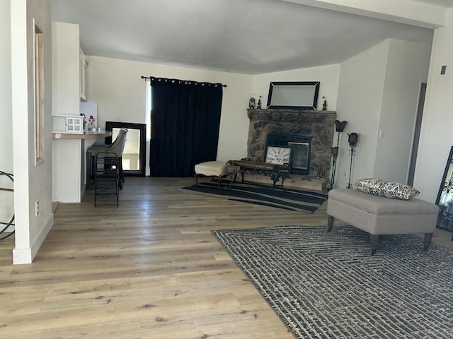 living room featuring a stone fireplace and light hardwood / wood-style floors