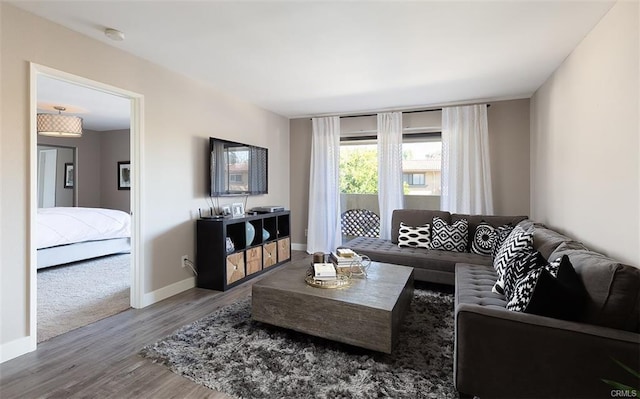 living room featuring wood finished floors and baseboards