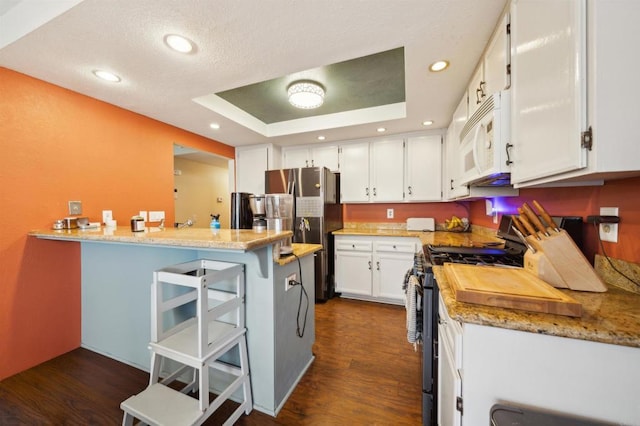 kitchen with appliances with stainless steel finishes, dark wood-style flooring, a peninsula, a tray ceiling, and white cabinetry