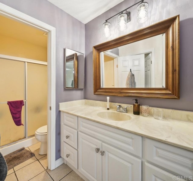 full bath with toilet, a shower stall, vanity, and tile patterned floors