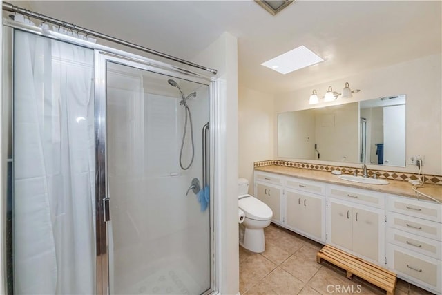 bathroom featuring tile patterned flooring, vanity, an enclosed shower, and toilet