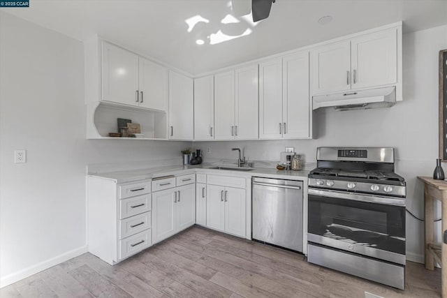 kitchen featuring white cabinetry, sink, light hardwood / wood-style flooring, and appliances with stainless steel finishes