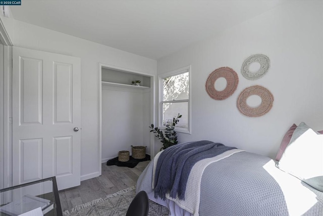 bedroom with hardwood / wood-style flooring and a closet