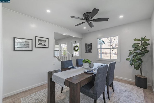 dining space featuring ceiling fan and light wood-type flooring