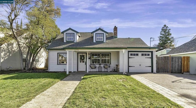 cape cod house featuring a garage, a porch, and a front yard