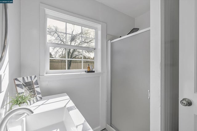 bathroom with a shower with shower door