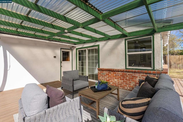 view of patio / terrace with a pergola, outdoor lounge area, and a deck