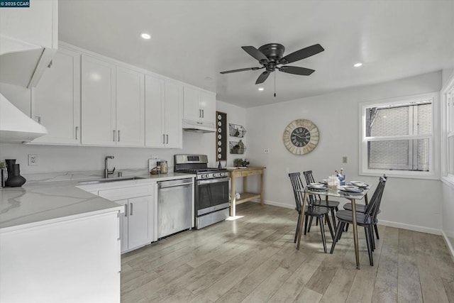 kitchen featuring sink, white cabinets, ceiling fan, light hardwood / wood-style floors, and stainless steel appliances