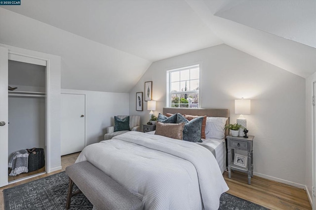 bedroom featuring a closet, lofted ceiling, and wood-type flooring