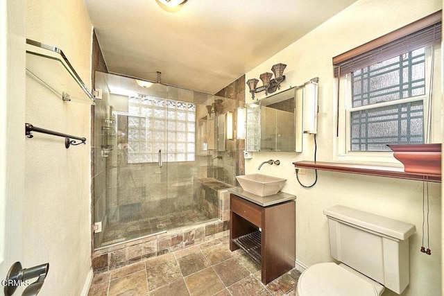 bathroom with vanity, toilet, and walk in shower