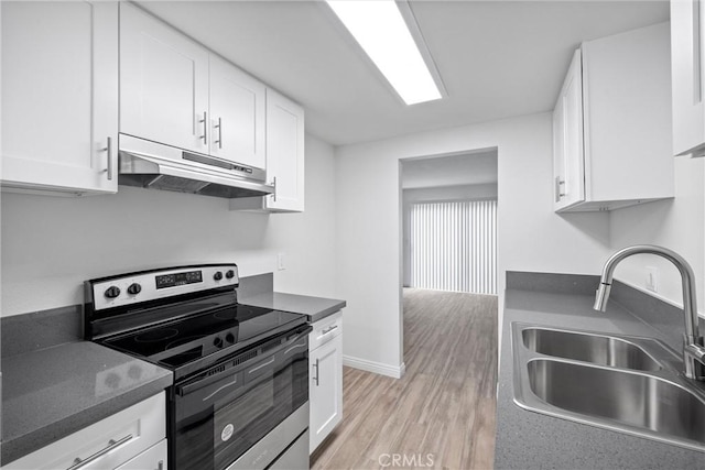 kitchen with stainless steel electric stove, light hardwood / wood-style floors, sink, and white cabinets