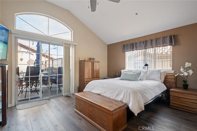 bedroom featuring a ceiling fan, access to outside, high vaulted ceiling, and wood finished floors