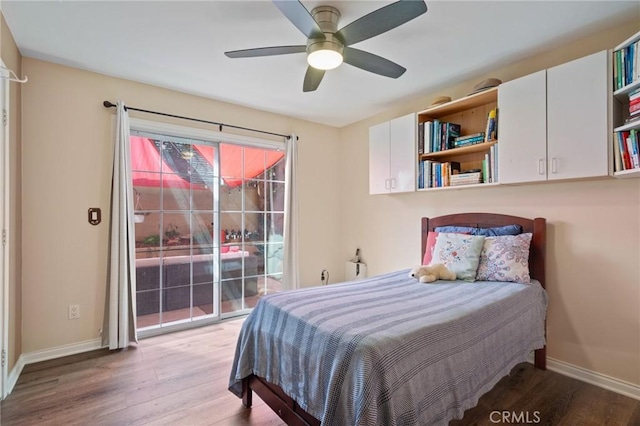 bedroom with access to outside, light wood-type flooring, a ceiling fan, and baseboards