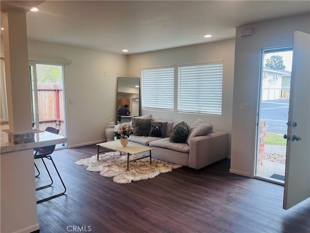 living room featuring a healthy amount of sunlight and dark hardwood / wood-style flooring