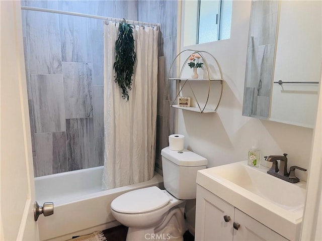 full bathroom featuring vanity, shower / bathtub combination with curtain, and toilet