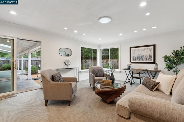 carpeted living room with ornamental molding and a wealth of natural light