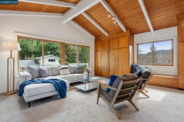 living room featuring beam ceiling, a healthy amount of sunlight, light colored carpet, and wood ceiling