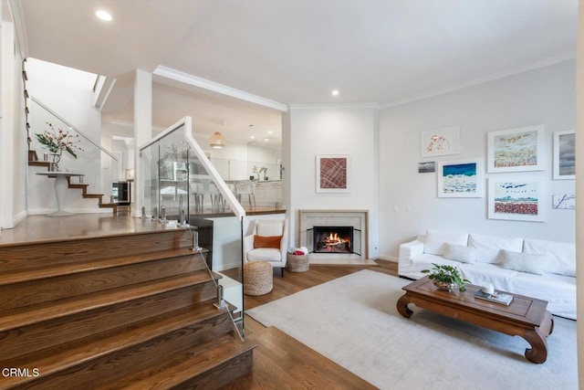 living room featuring dark wood-type flooring and ornamental molding