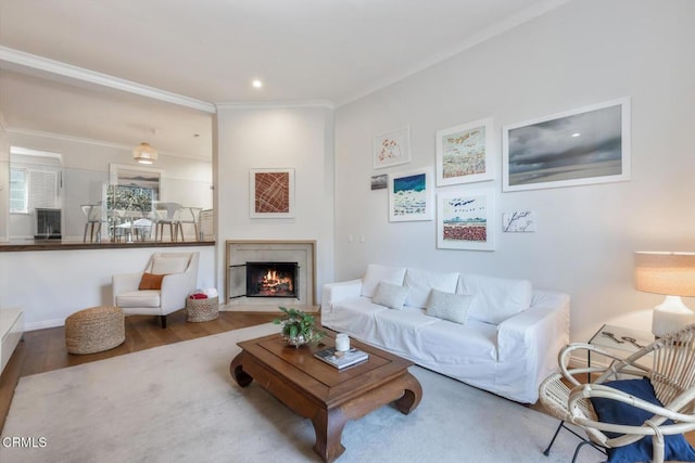 living room with crown molding and hardwood / wood-style floors