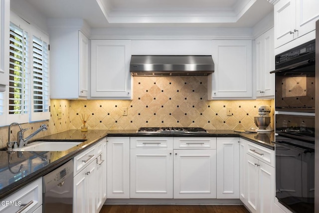 kitchen with stainless steel appliances, sink, white cabinets, and range hood