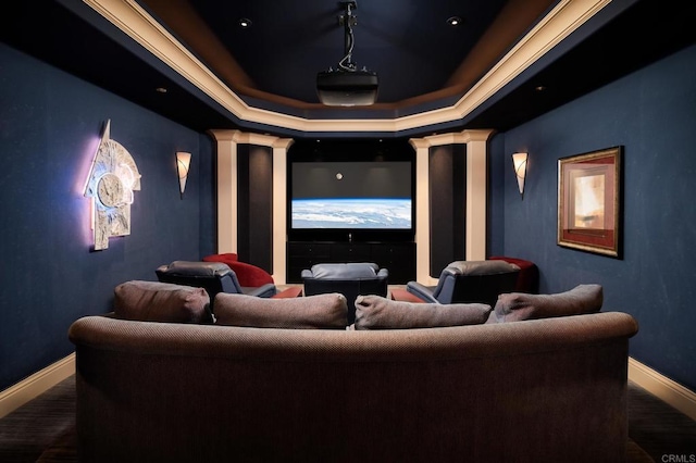 7756 St Andrews Rd, Rancho Santa Fe, CA 92067 - cinema room featuring decorative columns, baseboards, crown molding, and a raised ceiling