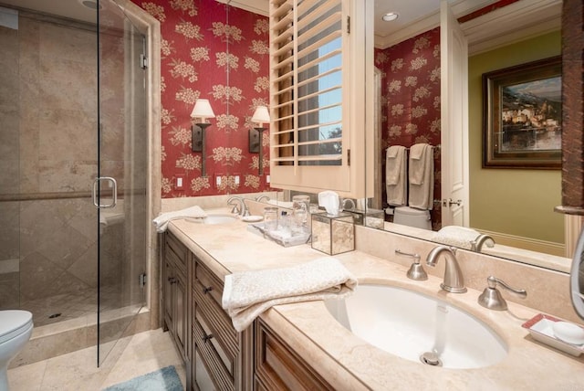 7756 St Andrews Rd, Rancho Santa Fe, CA 92067 - full bathroom featuring a stall shower, wallpapered walls, and a sink