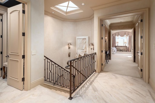 7756 St Andrews Rd, Rancho Santa Fe, CA 92067 - stairway featuring baseboards, crown molding, recessed lighting, a skylight, and carpet flooring