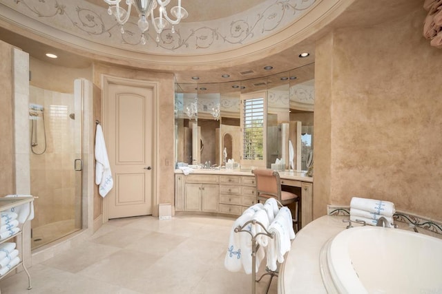 7756 St Andrews Rd, Rancho Santa Fe, CA 92067 - bathroom with a chandelier, a stall shower, a garden tub, and vanity