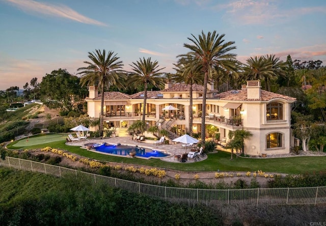 7756 St Andrews Rd, Rancho Santa Fe, CA 92067 - rear view of property featuring a chimney, stucco siding, a patio, and a balcony