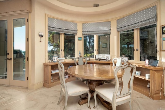 7756 St Andrews Rd, Rancho Santa Fe, CA 92067 - dining space with french doors, marble finish floor, and visible vents
