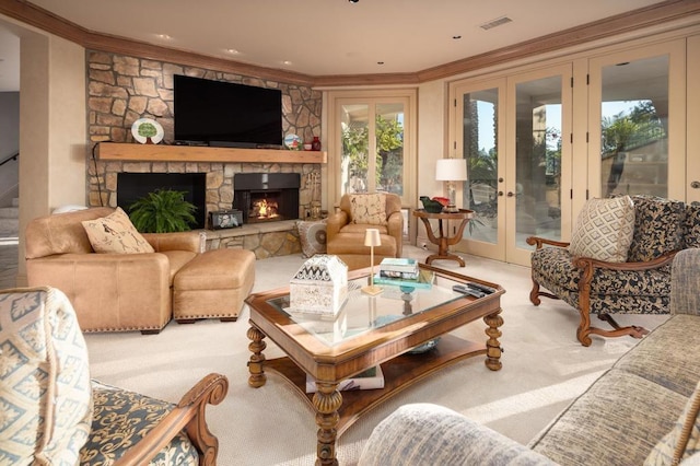 7756 St Andrews Rd, Rancho Santa Fe, CA 92067 - carpeted living area with crown molding, french doors, a stone fireplace, and visible vents